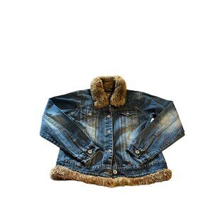 Y2K Route 66 Faux Fur Denim Button Jean Jacket women's M Vintage Dark Stone Wash